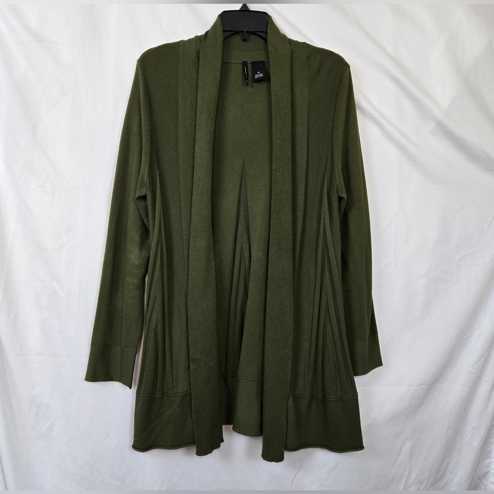 New Directions Womens Olive Green Godet Detail Shawl Collar Long Open Cardigan M